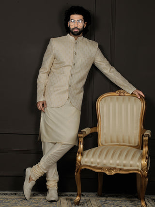 VASTRAMAY Men's Gold And Cream Viscose Jodhpuri, Kurta and Pyjama Set