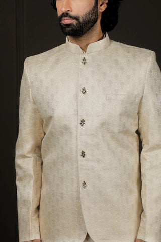 VASTRAMAY Men's Gold And Cream Viscose Jodhpuri, Kurta and Pyjama Set