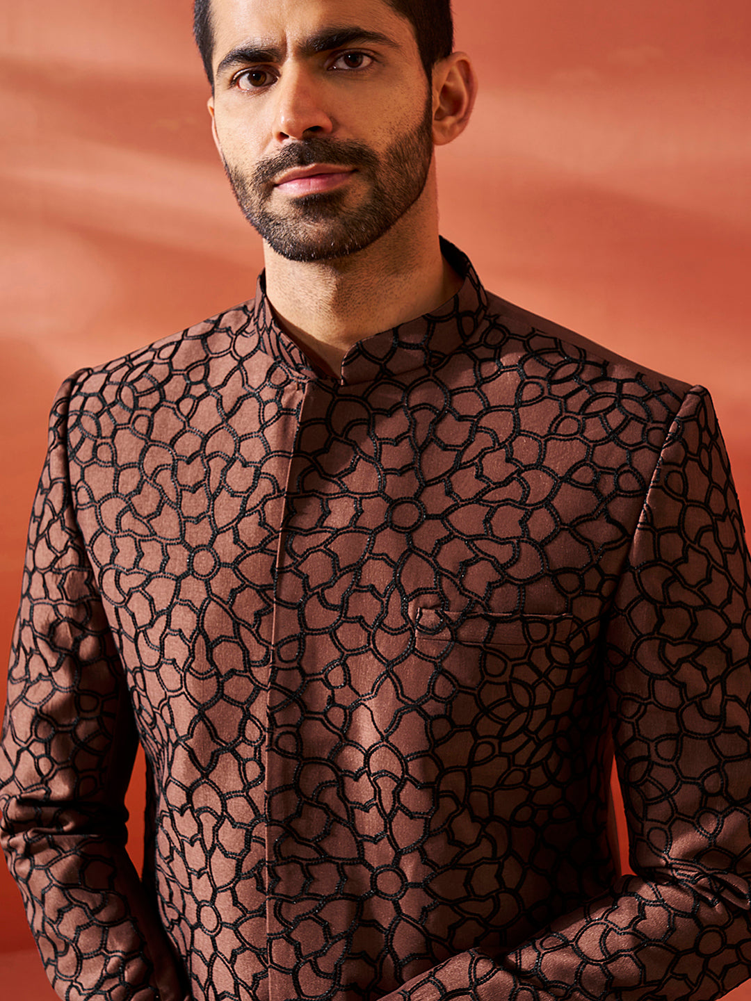 Men's Rust And Black Silk Blend Jodhpuri Pyjama Set