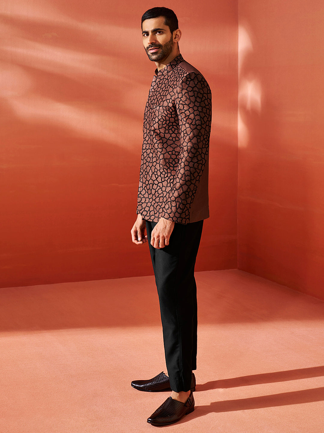 Men's Rust And Black Silk Blend Jodhpuri Pyjama Set