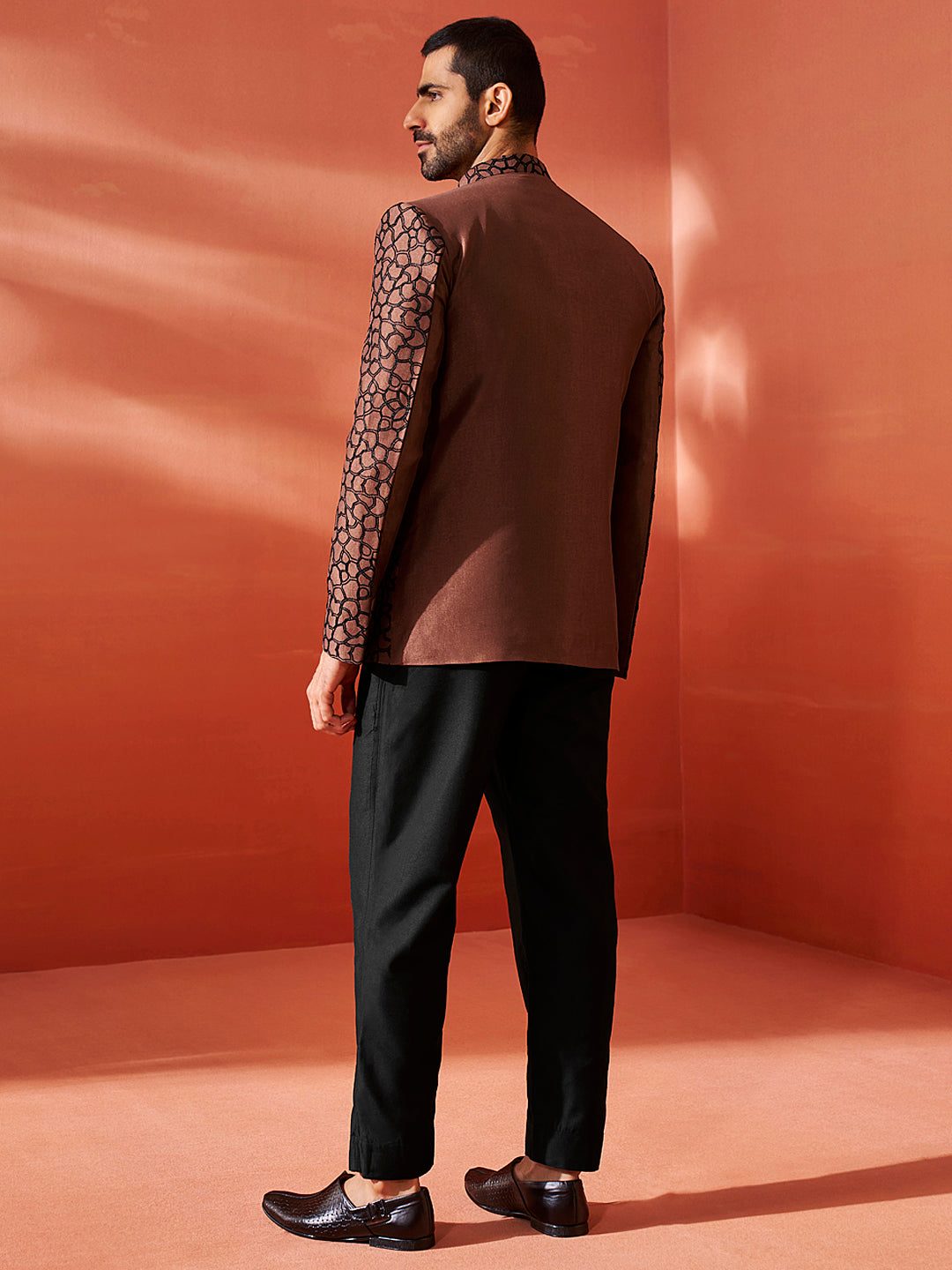 Men's Rust And Black Silk Blend Jodhpuri Pyjama Set