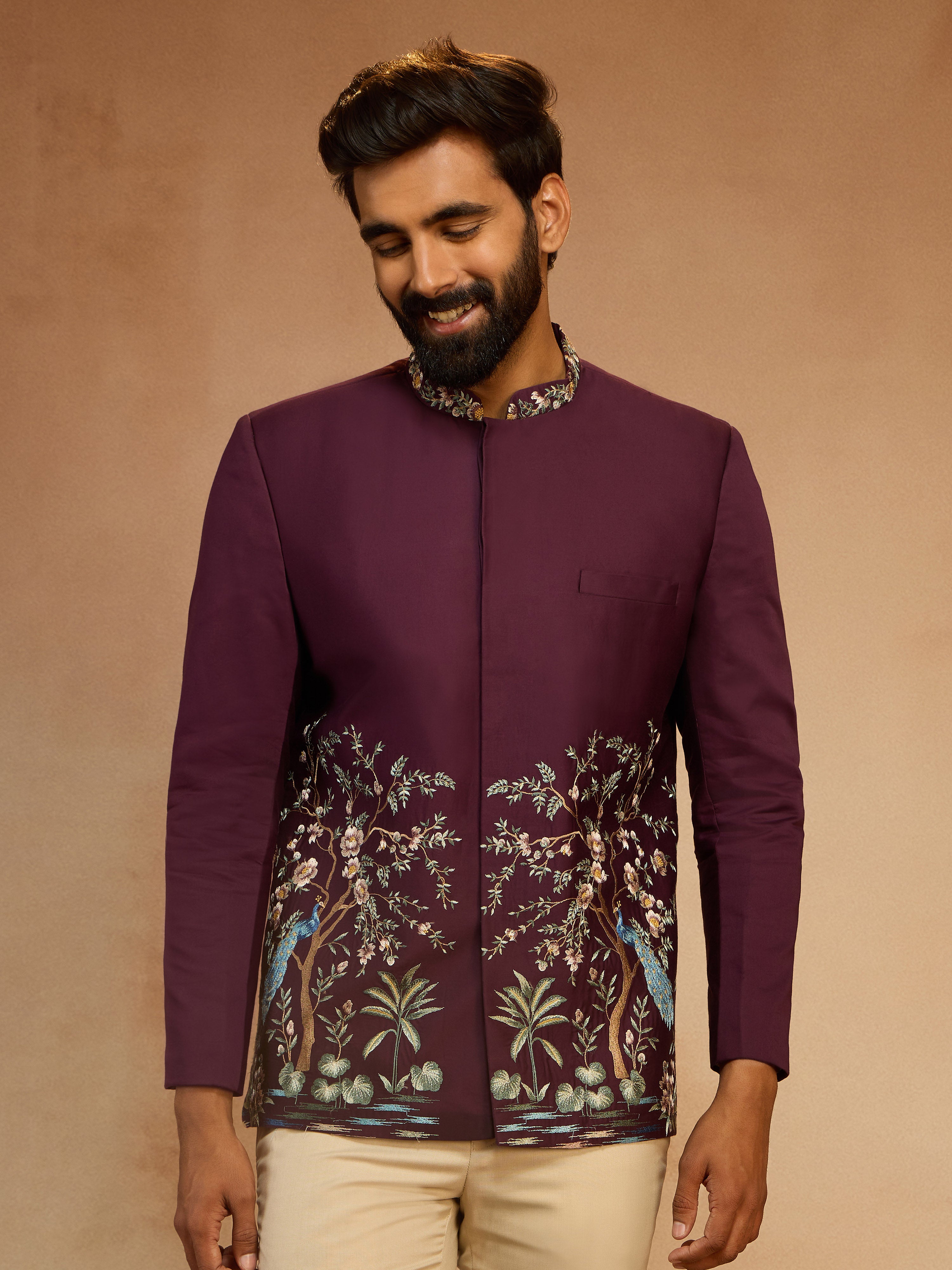 Men's Wine Silk Thread Embroidered Jodhpuri with Daman Peacock & Tree Motif
