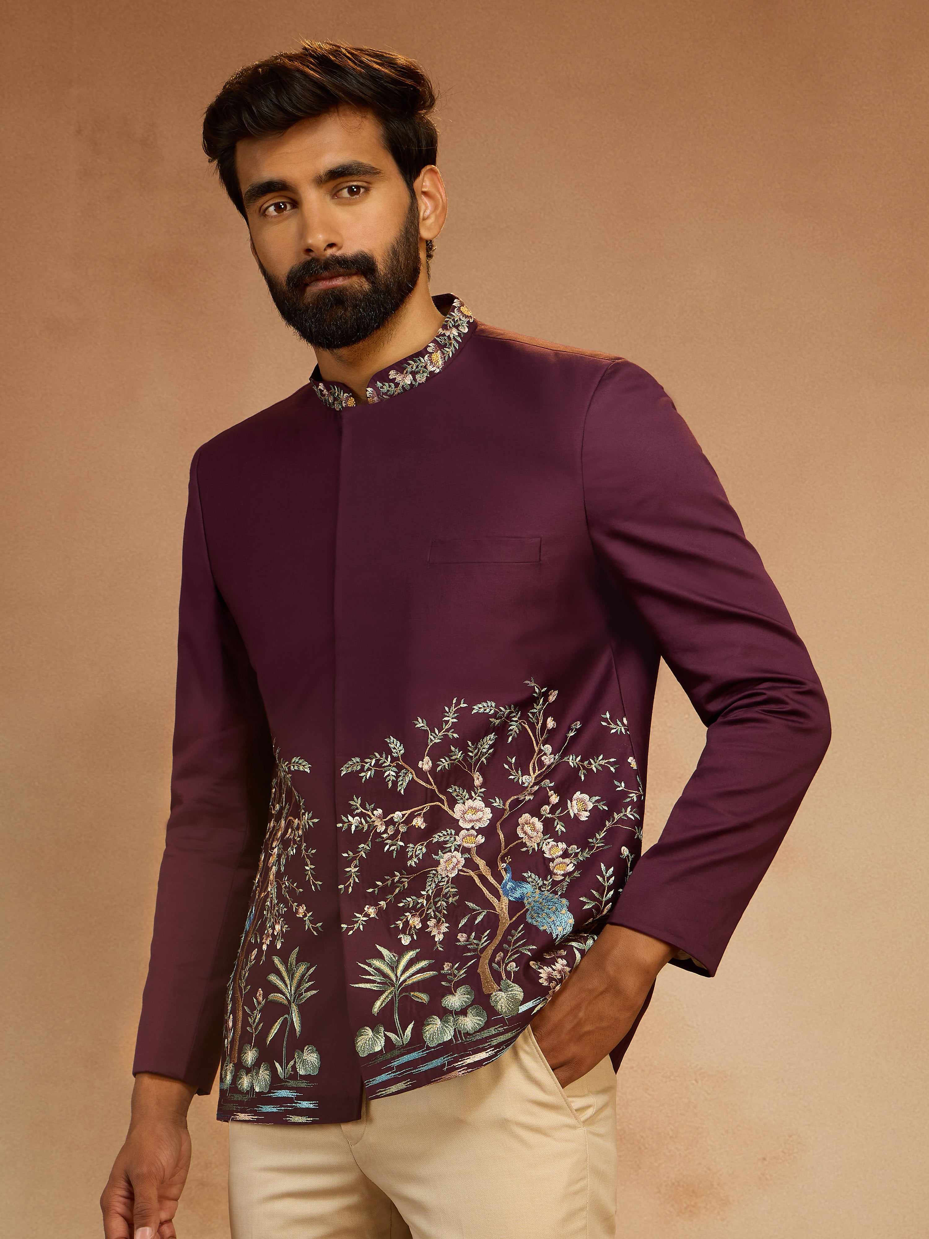 Men's Wine Silk Thread Embroidered Jodhpuri with Daman Peacock & Tree Motif