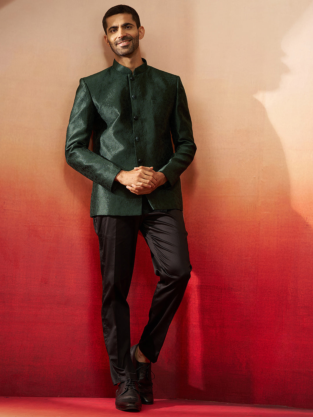 Men's Bottle Green Jacquard Jodhpuri with Pant