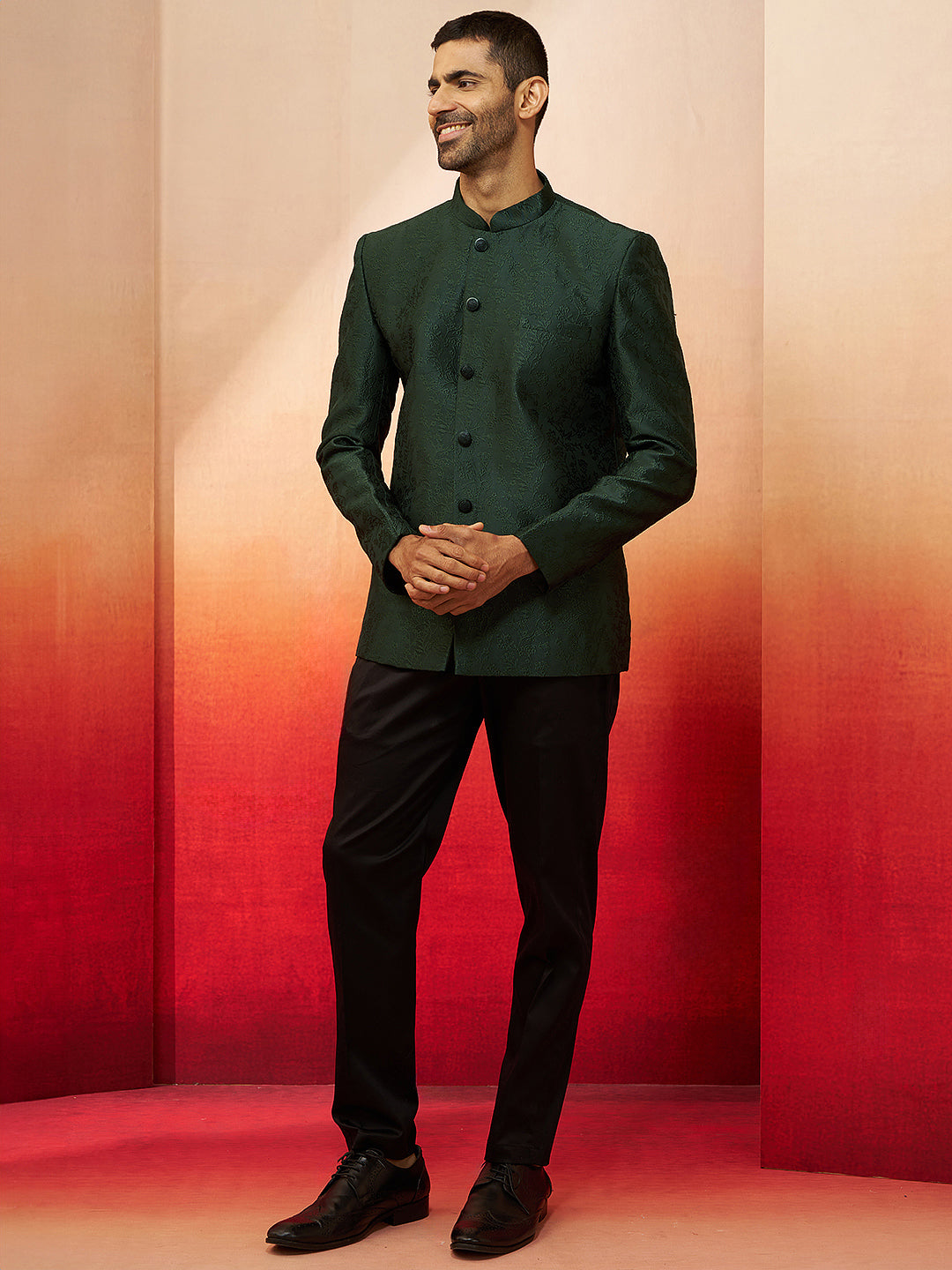 Men's Bottle Green Jacquard Jodhpuri with Pant