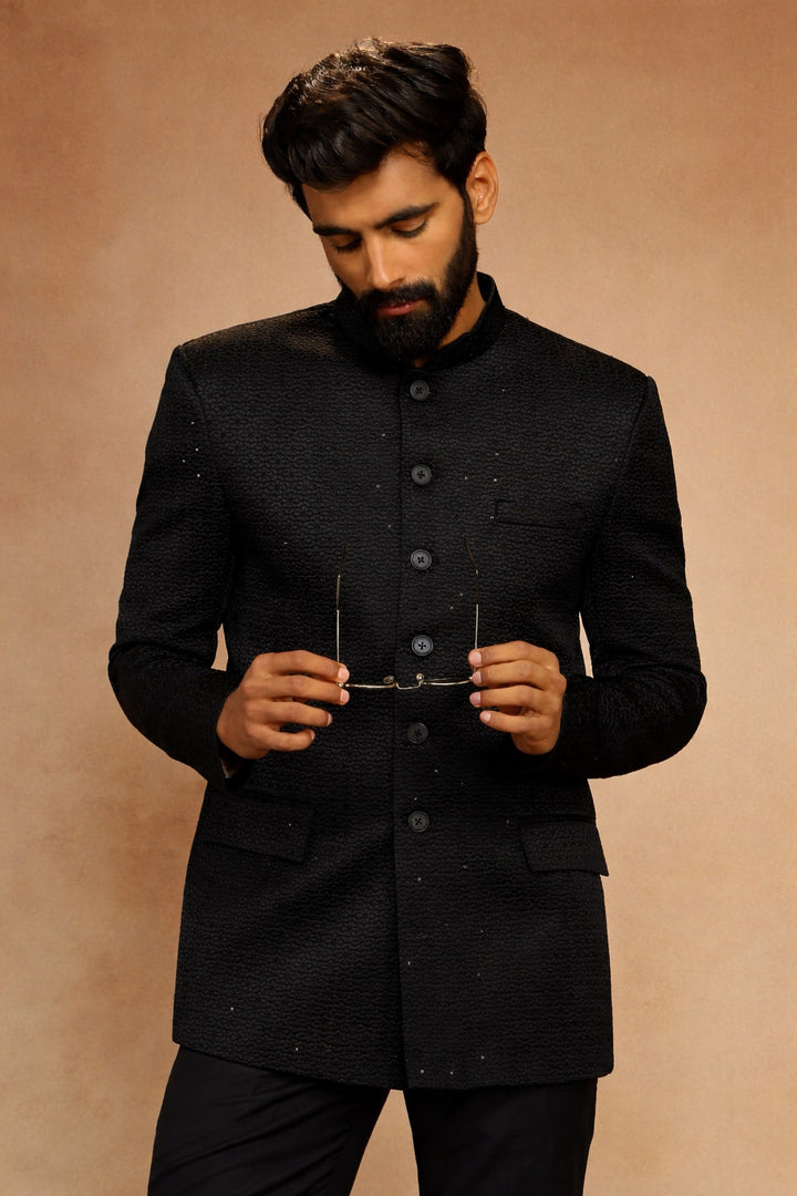 Black Geometric Jacquard Jodhpuri Jacket in Imported Suiting