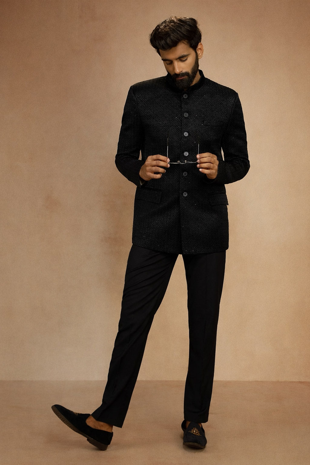 Men's Black Imported Suiting Geometry Regular Jodhpuri Jacket