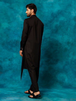 VASTRAMAY Men's Black Cotton Satin Blend Kurta Pyjama Set