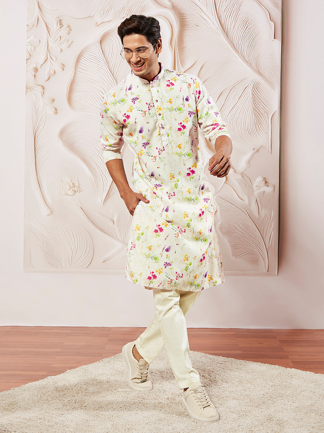 Men's Cream Cotton Blend Kurta And Pyjama Set