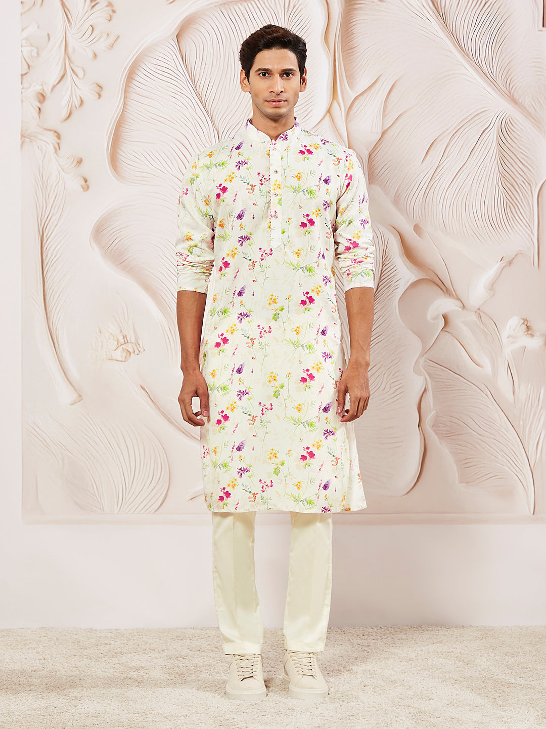 Men's Cream Cotton Blend Kurta And Pyjama Set