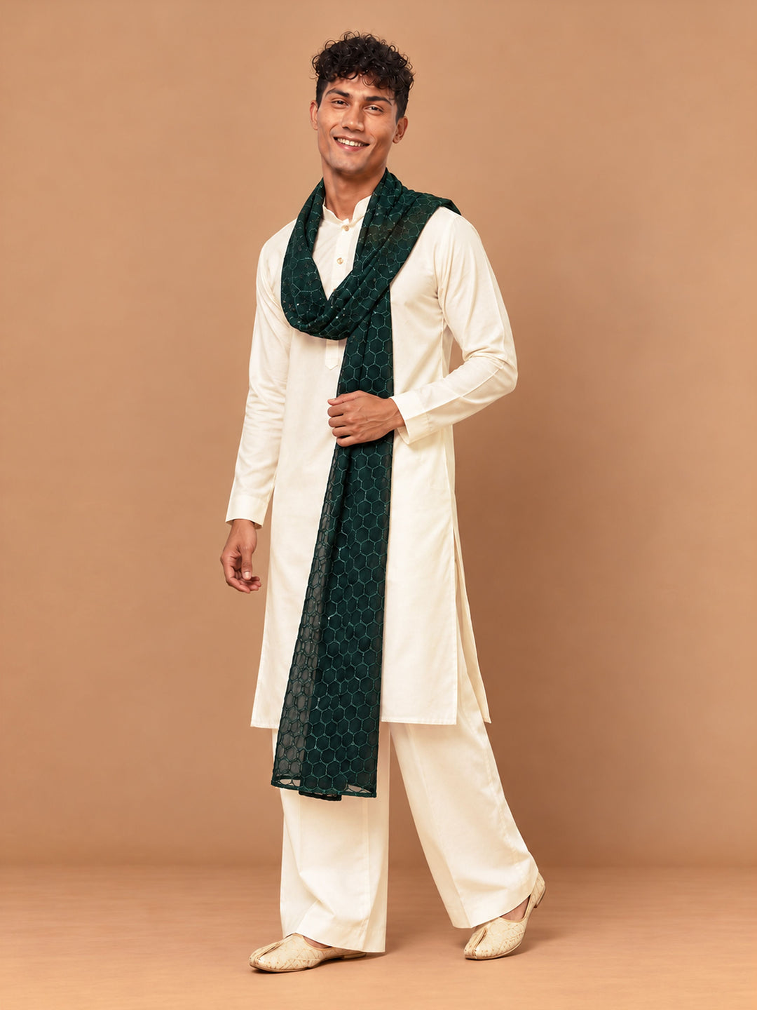 Men Cream Silk Blend Kurta &amp; Wide Leg Pant With Dupatta Festive Glitz, Festive, EID, All regions Ethnic Wear