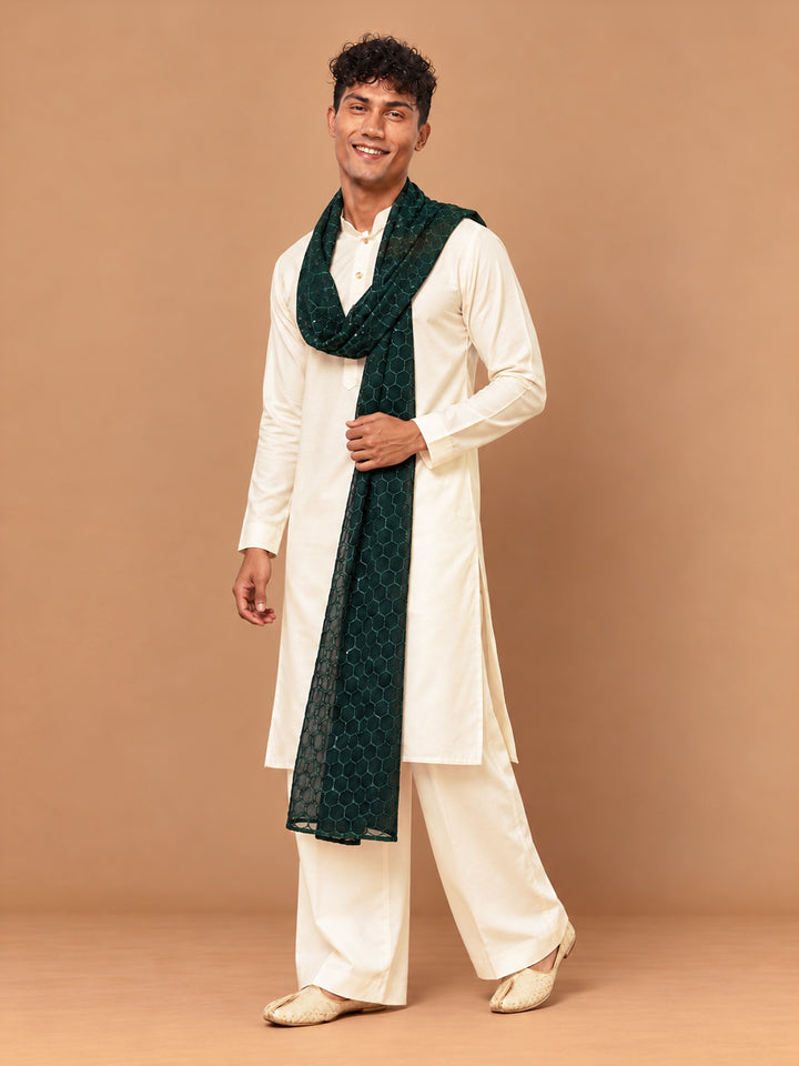 Men Cream Silk Blend Kurta &amp; Wide Leg Pant With Dupatta Festive Glitz, Festive, EID, All regions Ethnic Wear