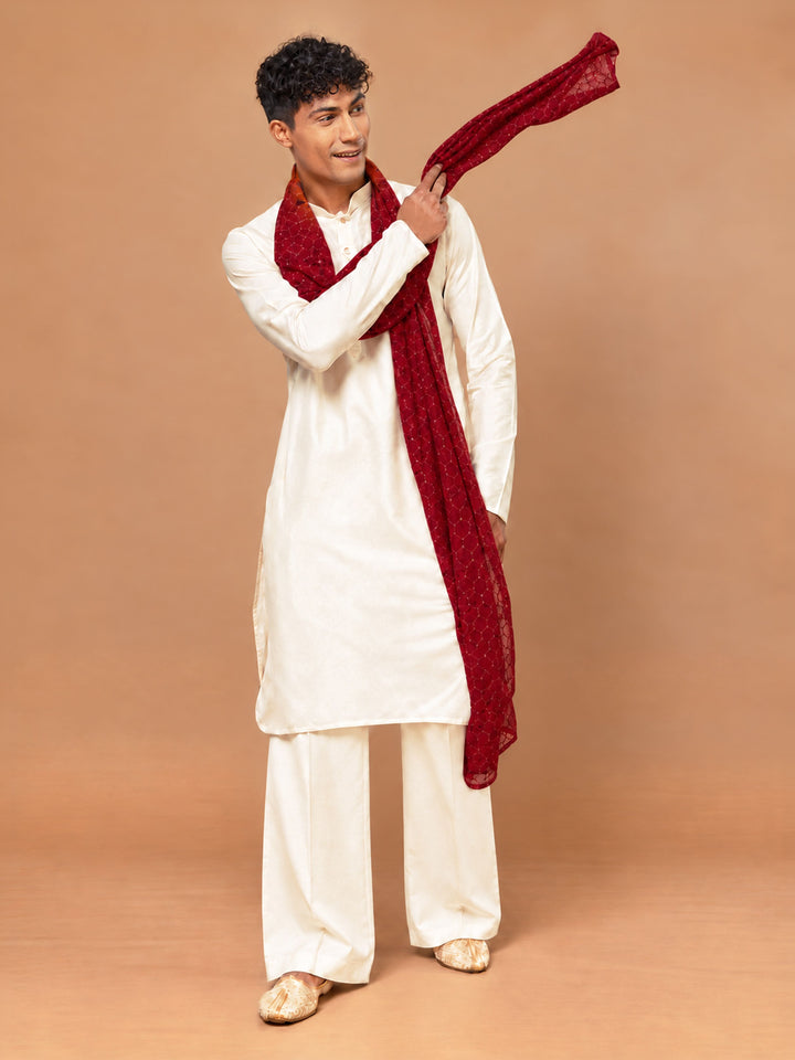 Men Cream Silk Blend Kurta &amp; Wide Leg Pant With Dupatta Festive Glitz, Festive, EID, All regions Ethnic Wear