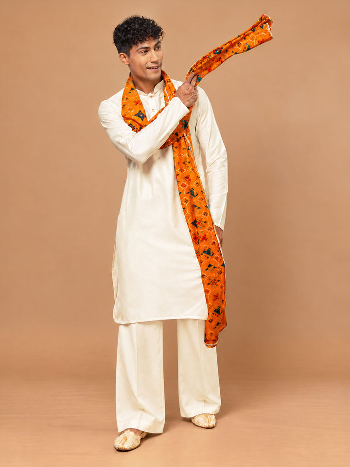 Men Cream Silk Blend Kurta &amp; Wide Leg Pant With Dupatta Festive Glitz, Festive, EID, All regions Ethnic Wear