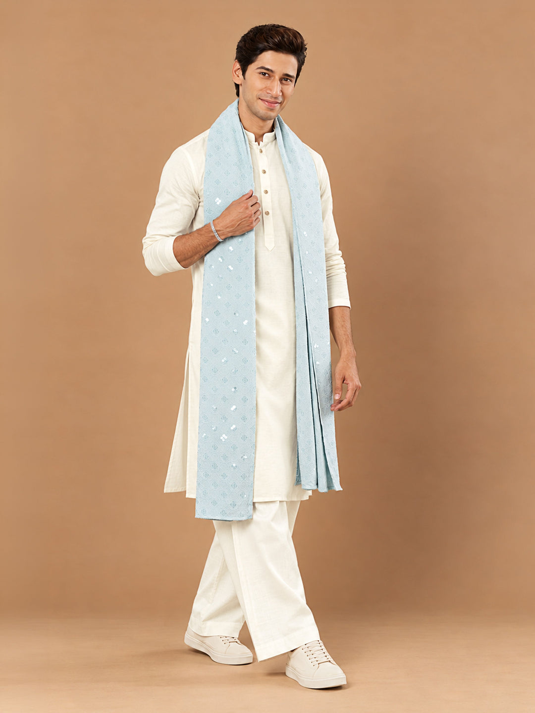 Men Cream Silk Blend Kurta &amp; Wide Leg Pant With Dupatta Festive Glitz, Festive, EID, All regions Ethnic Wear