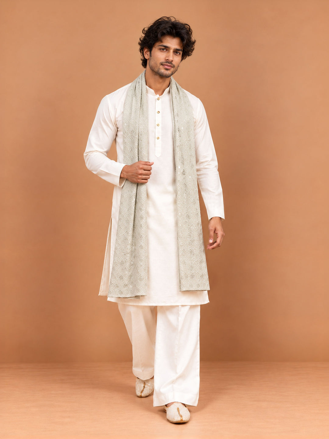 Men Cream Silk Blend Kurta &amp; Wide Leg Pant With Dupatta Festive Glitz, Festive, EID, All regions Ethnic Wear