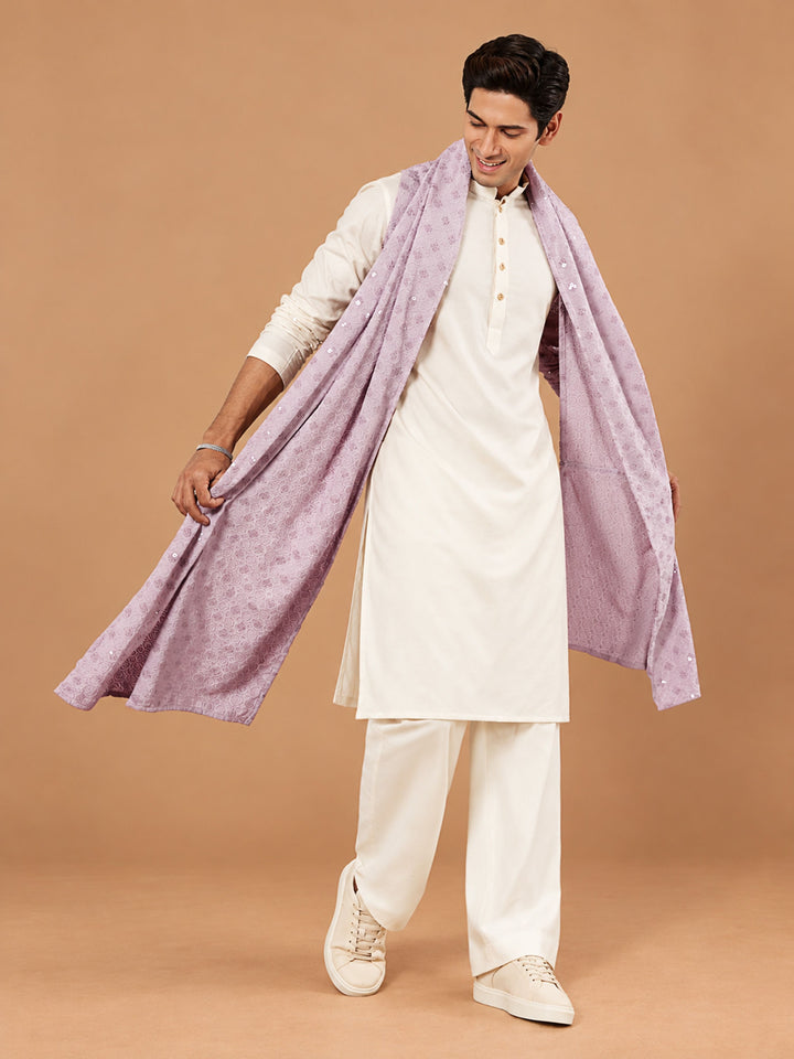 Men Cream Silk Blend Kurta &amp; Wide Leg Pant With Dupatta Festive Glitz, Festive, EID, All regions Ethnic Wear