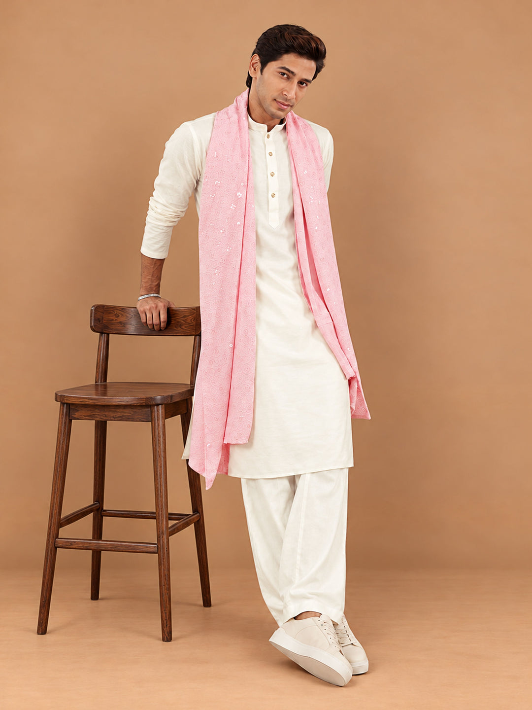 Men Cream Silk Blend Kurta &amp; Wide Leg Pant With Dupatta Festive Glitz, Festive, EID, All regions Ethnic Wear