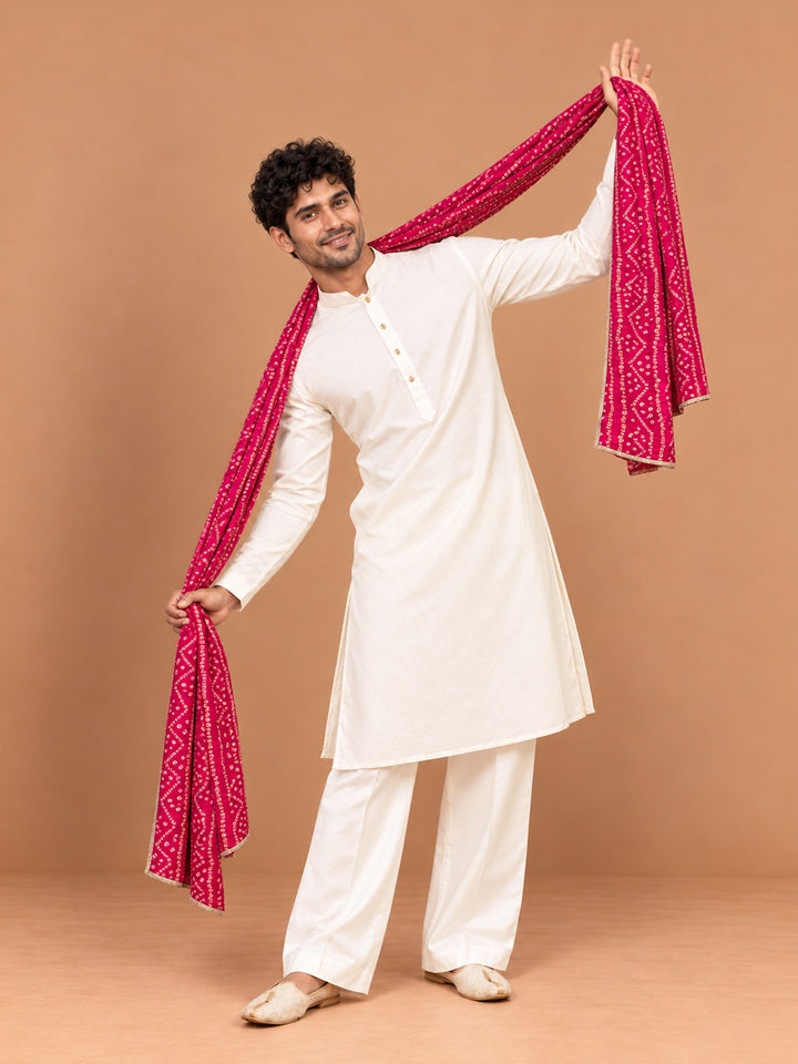 Men Cream Silk Blend Kurta &amp; Wide Leg Pant With Dupatta Festive Glitz, Festive, EID, All regions Ethnic Wear