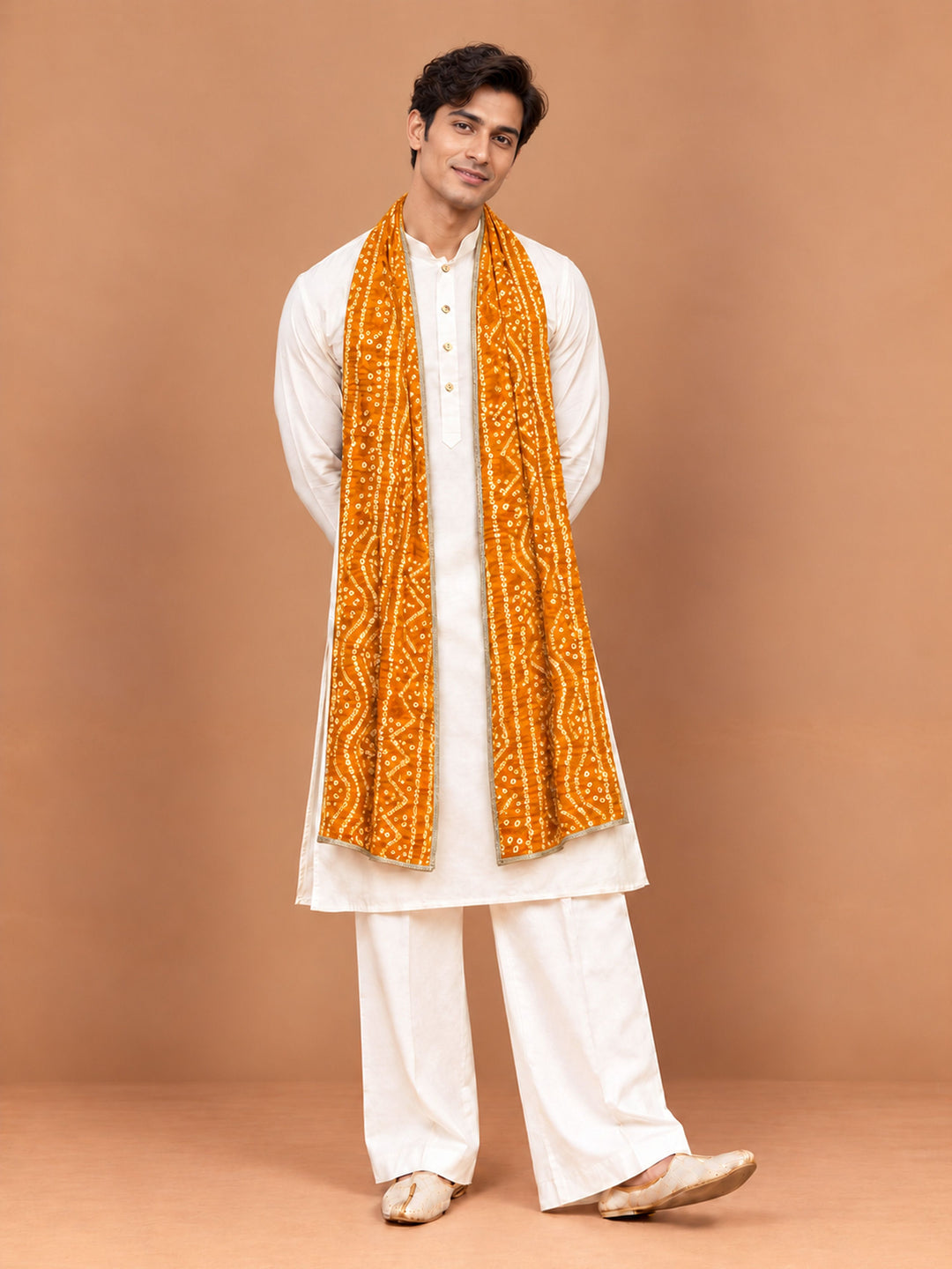 Men Cream Silk Blend Kurta &amp; Wide Leg Pant With Dupatta Festive Glitz, Festive, EID, All regions Ethnic Wear