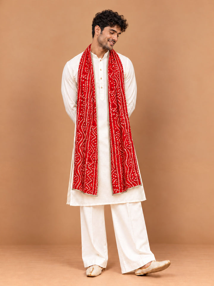 Men Cream Silk Blend Kurta &amp; Wide Leg Pant With Dupatta Festive Glitz, Festive, EID, All regions Ethnic Wear