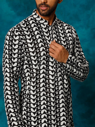 VASTRAMAY Men's Black Pure Cotton Chikankari Kurta Pyjama Set
