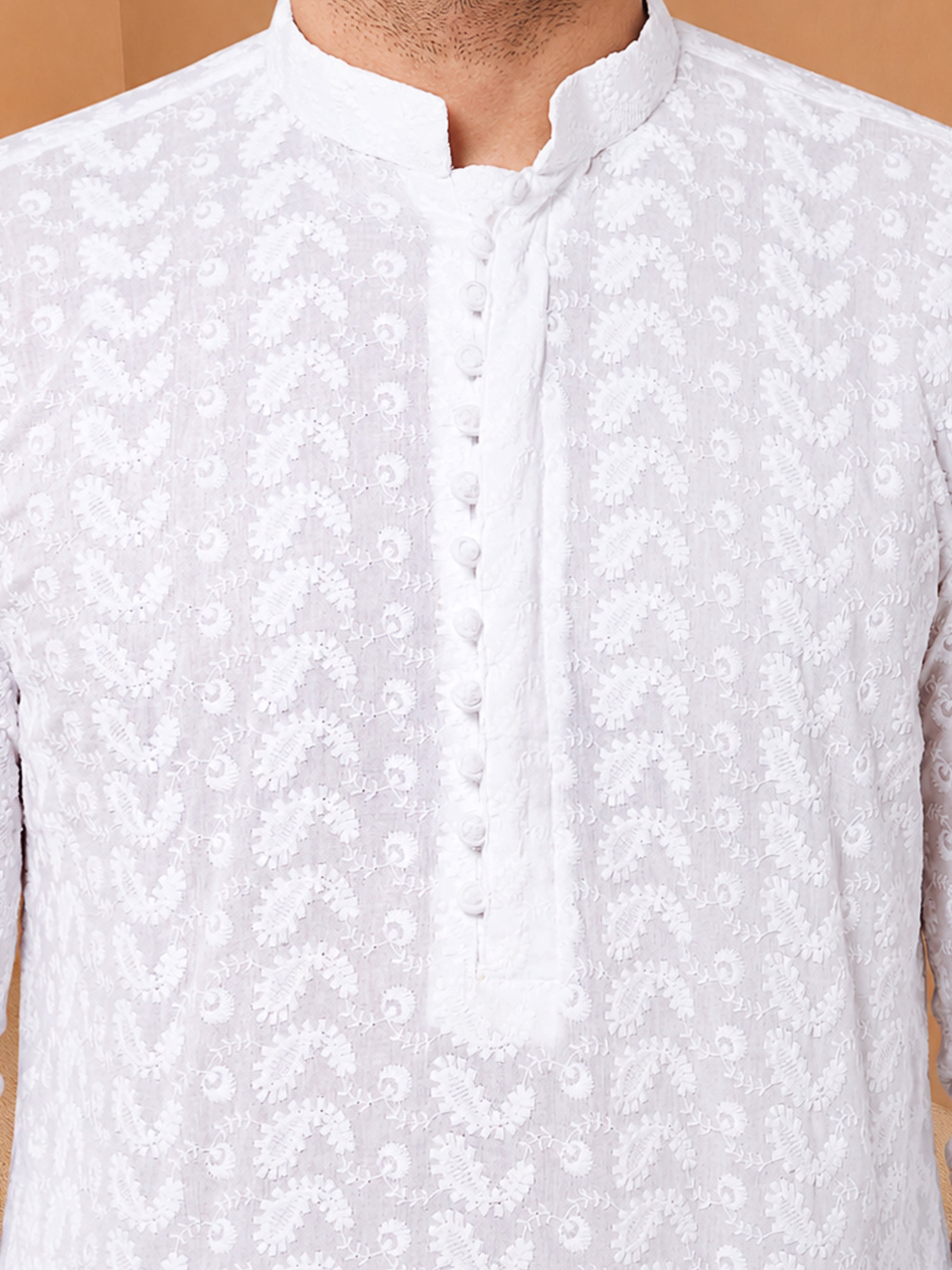 White Chikankari Embroidered Men's Kurta Pant Set