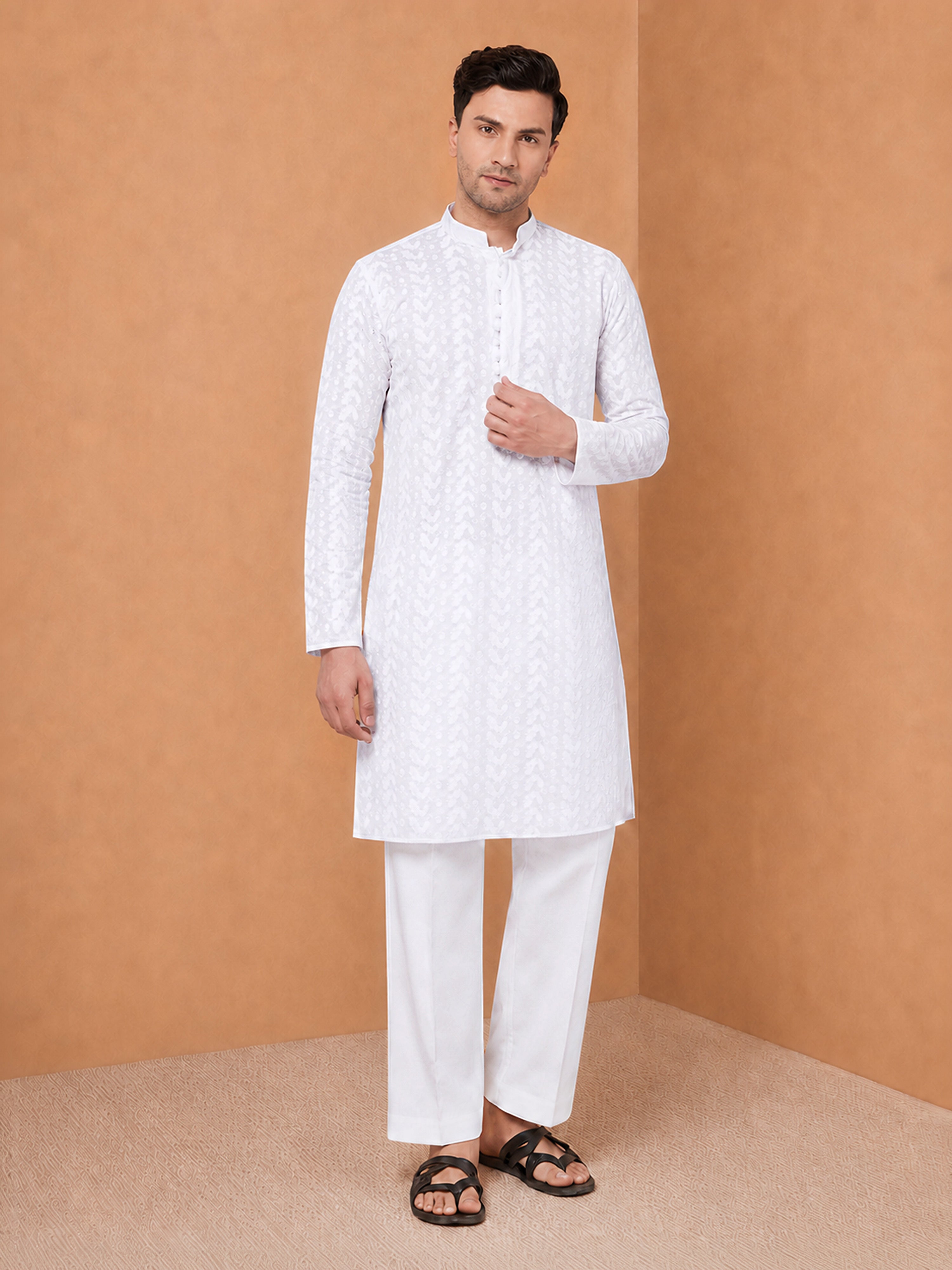 Men's White  Embroidered, Chikankari Knee Length Kurta Pant Set with Wide Leg Pant