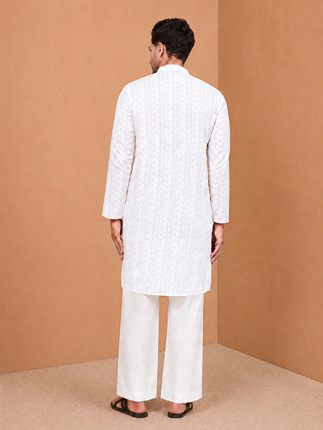 Men's White  Embroidered, Chikankari Knee Length Kurta Pant Set with Wide Leg Pant