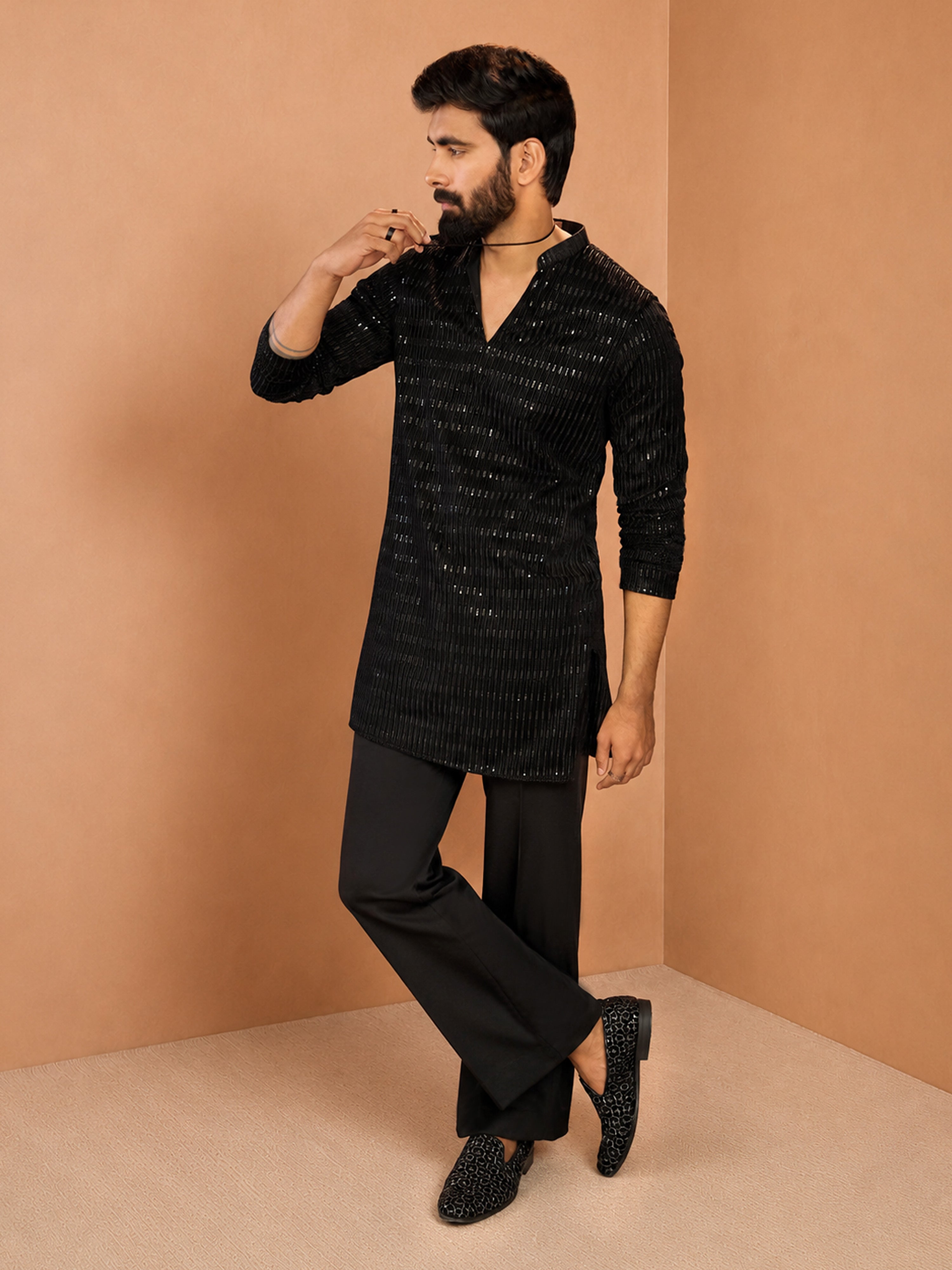 Men's Black  Embroidered, Sequin Regular Kurta Pant Set with Wide Leg Pant