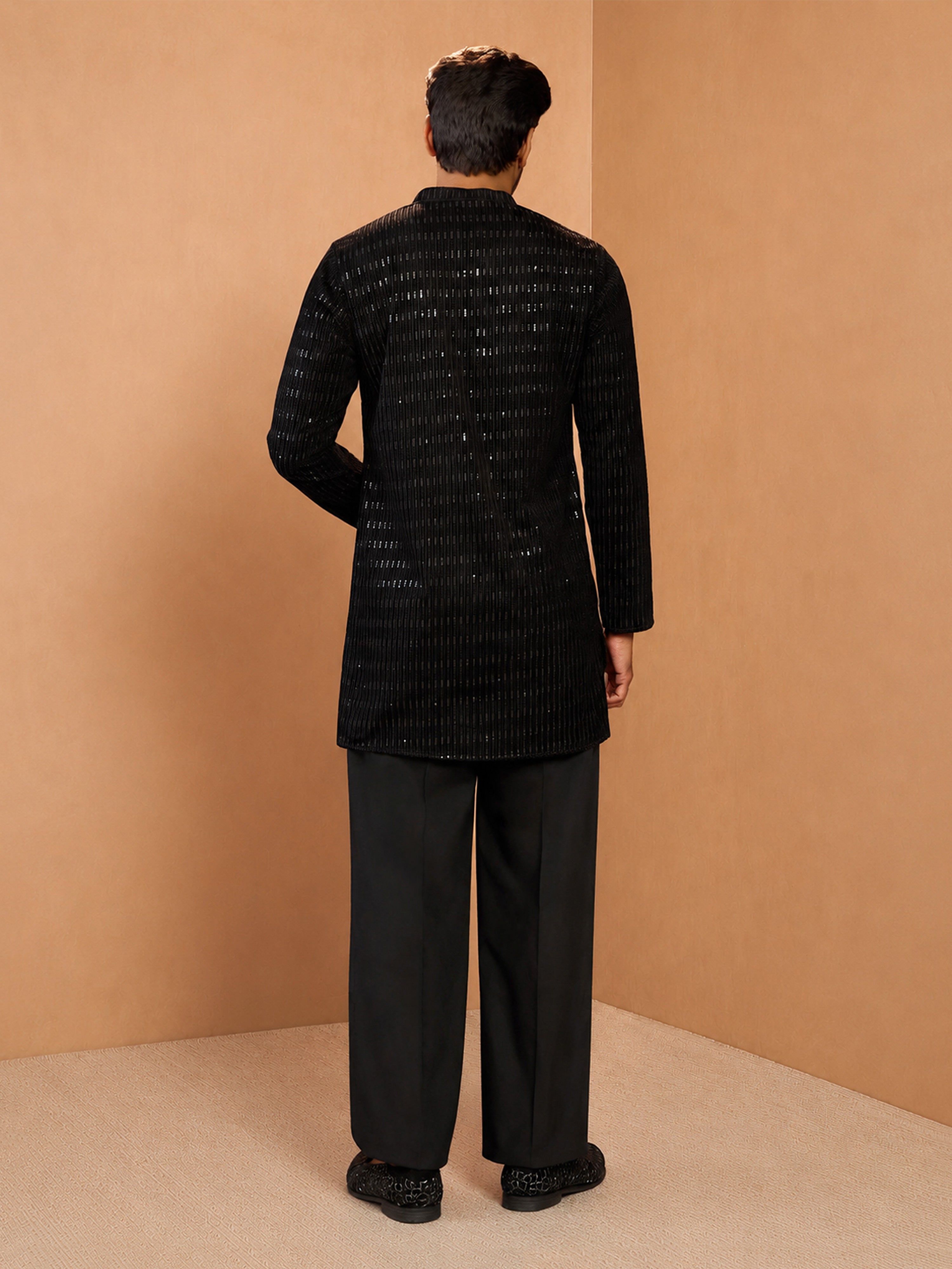 Men's Black  Embroidered, Sequin Regular Kurta Pant Set with Wide Leg Pant