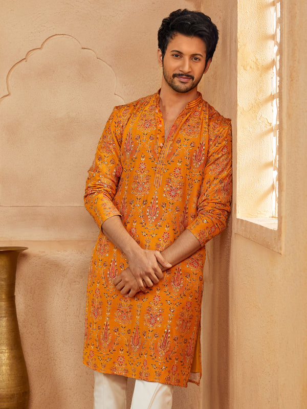 Men's Mustard Zari Embroidery Digital Print Silk Blend Long Kurta