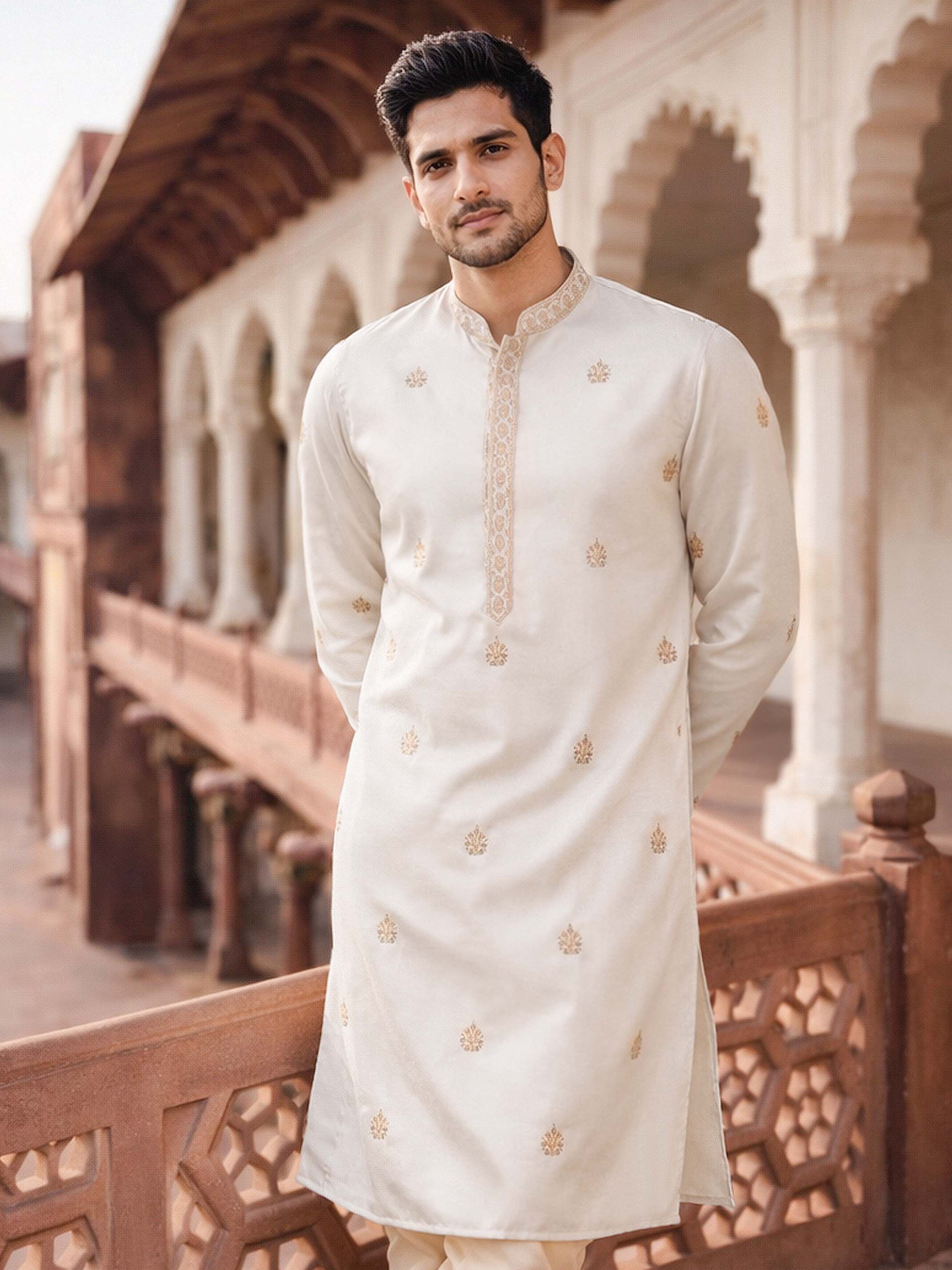 Cream Silk Blend Thread Work Kurta Pyjama Set for Men
