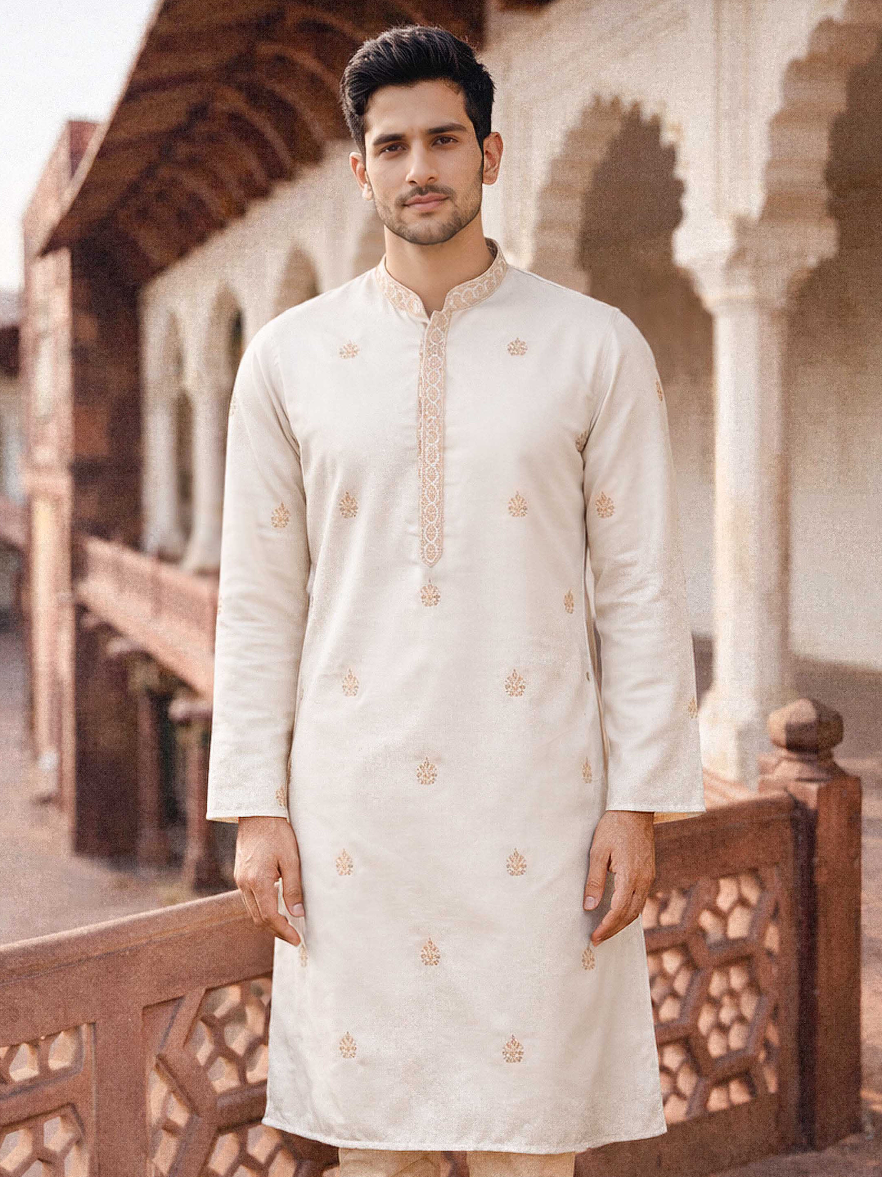 Men Cream Self Design Zari Work Thigh Length Kurta