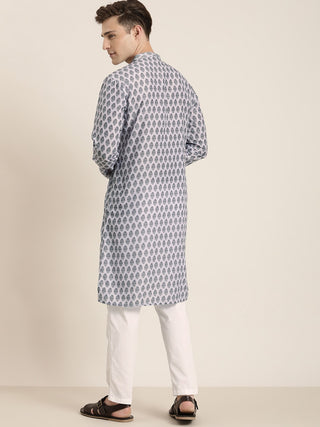 VASTRAMAY Men's Grey Cotton Blend Kurta And White Pyjama Set