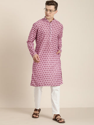 VASTRAMAY Men's Pink Cotton Blend Kurta And  White Pyjama Set