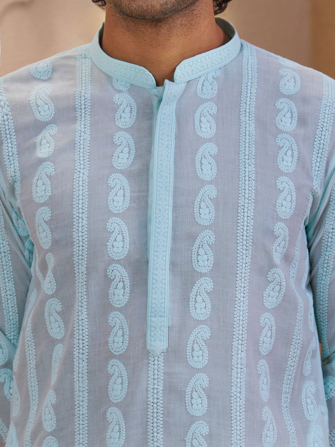 Men Aqua Chikankari Cotton Kurta with Cream Pyjama Set