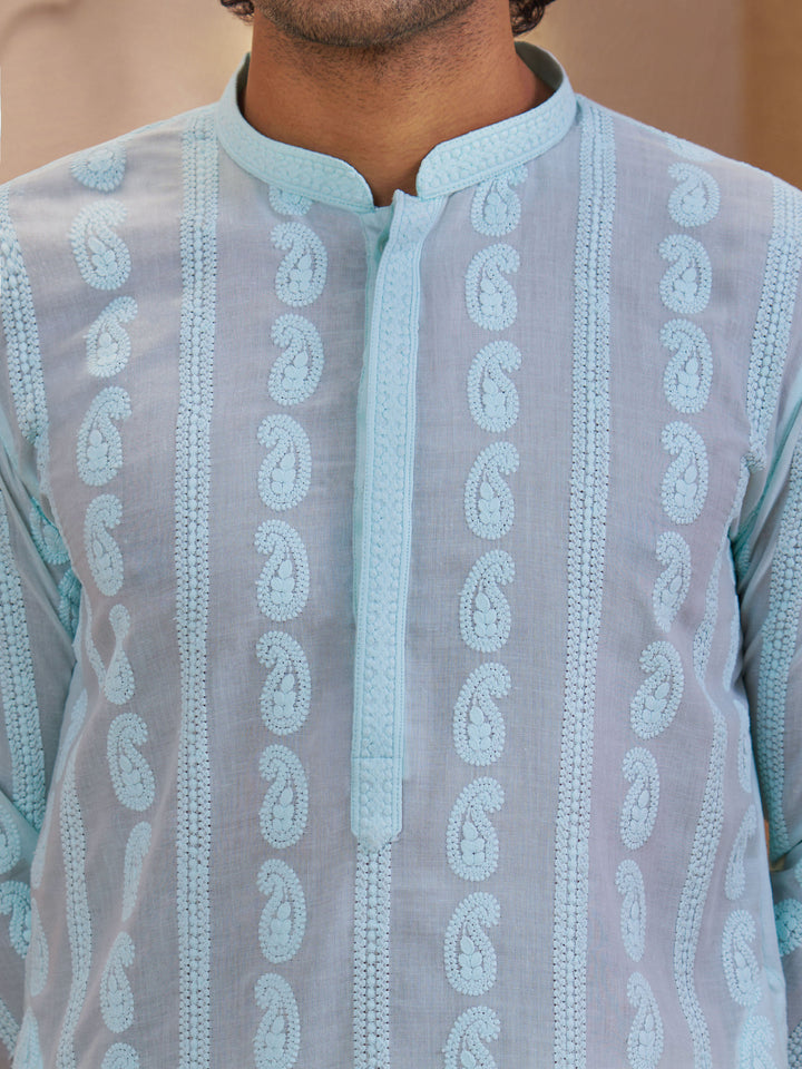Men Aqua Chikankari Cotton Kurta with Cream Pyjama Set