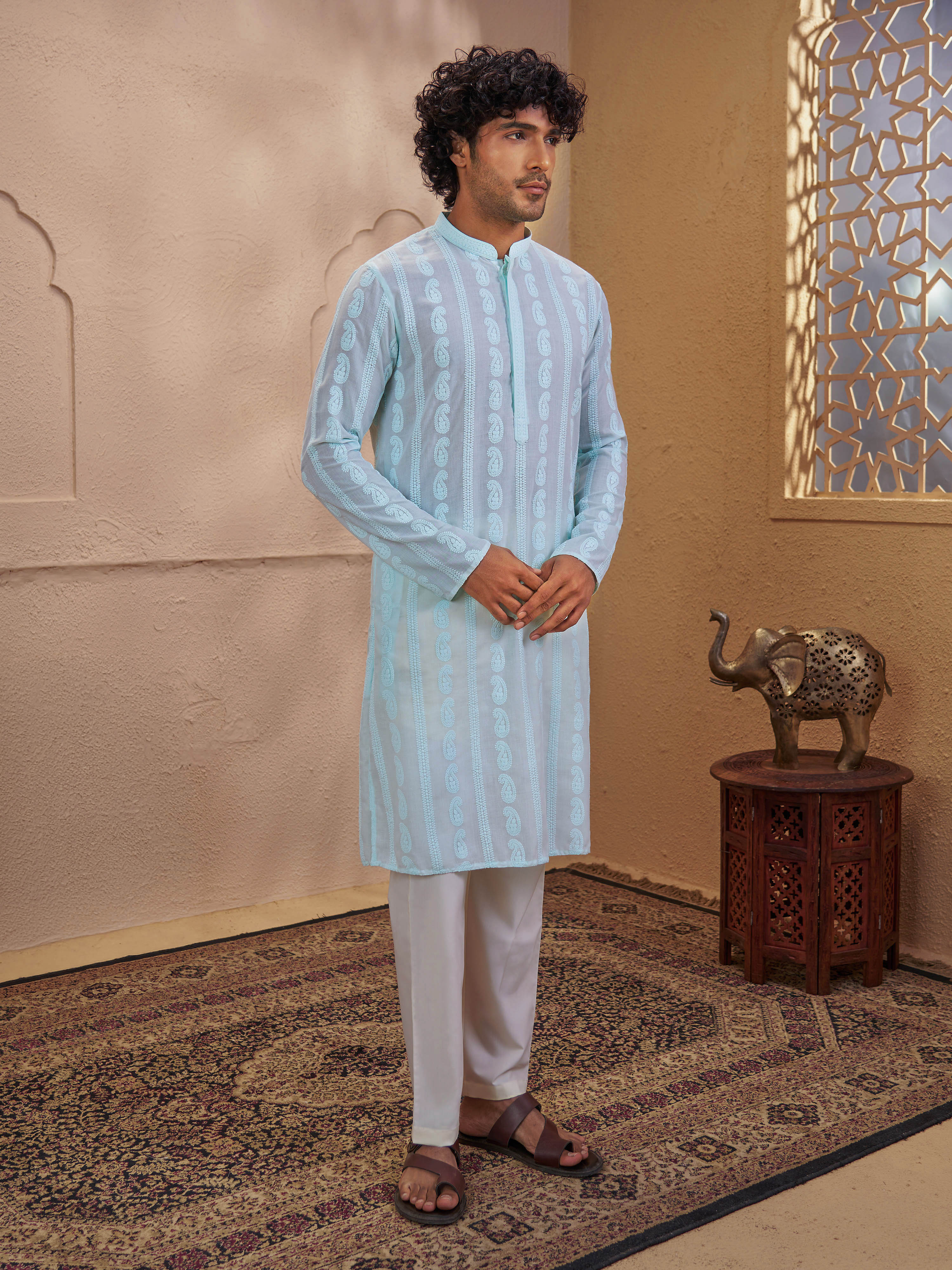 Men Aqua Chikankari Cotton Kurta with Cream Pyjama Set