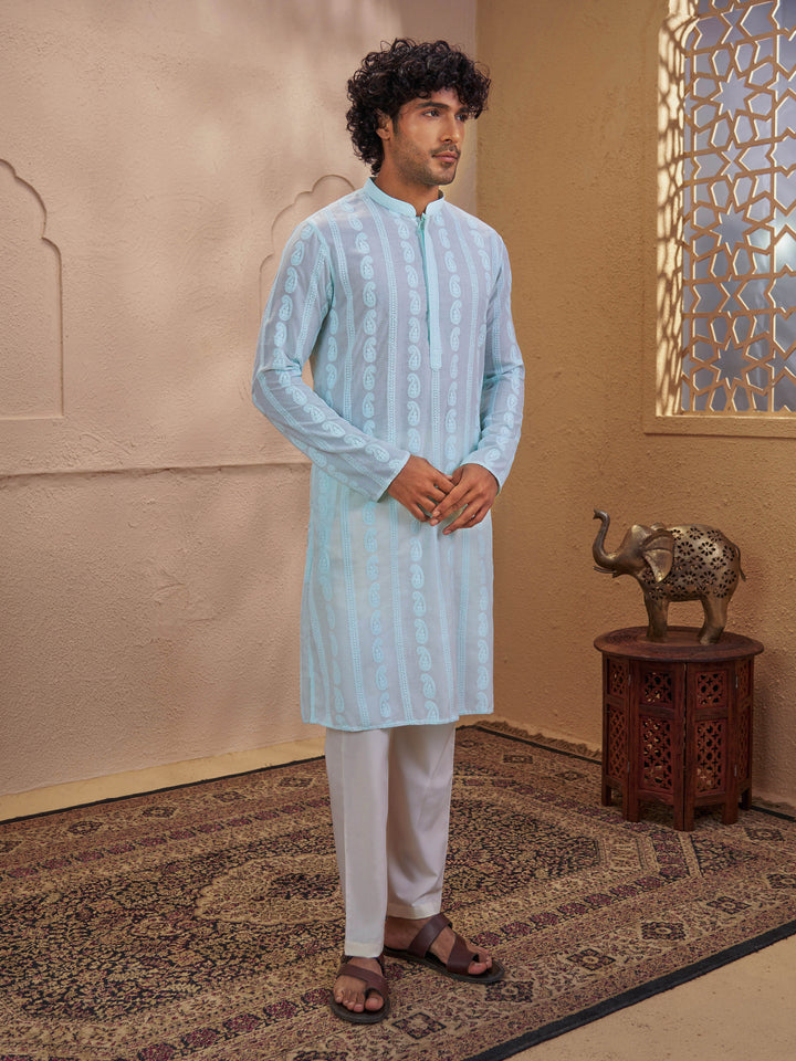 Men Aqua Chikankari Cotton Kurta with Cream Pyjama Set