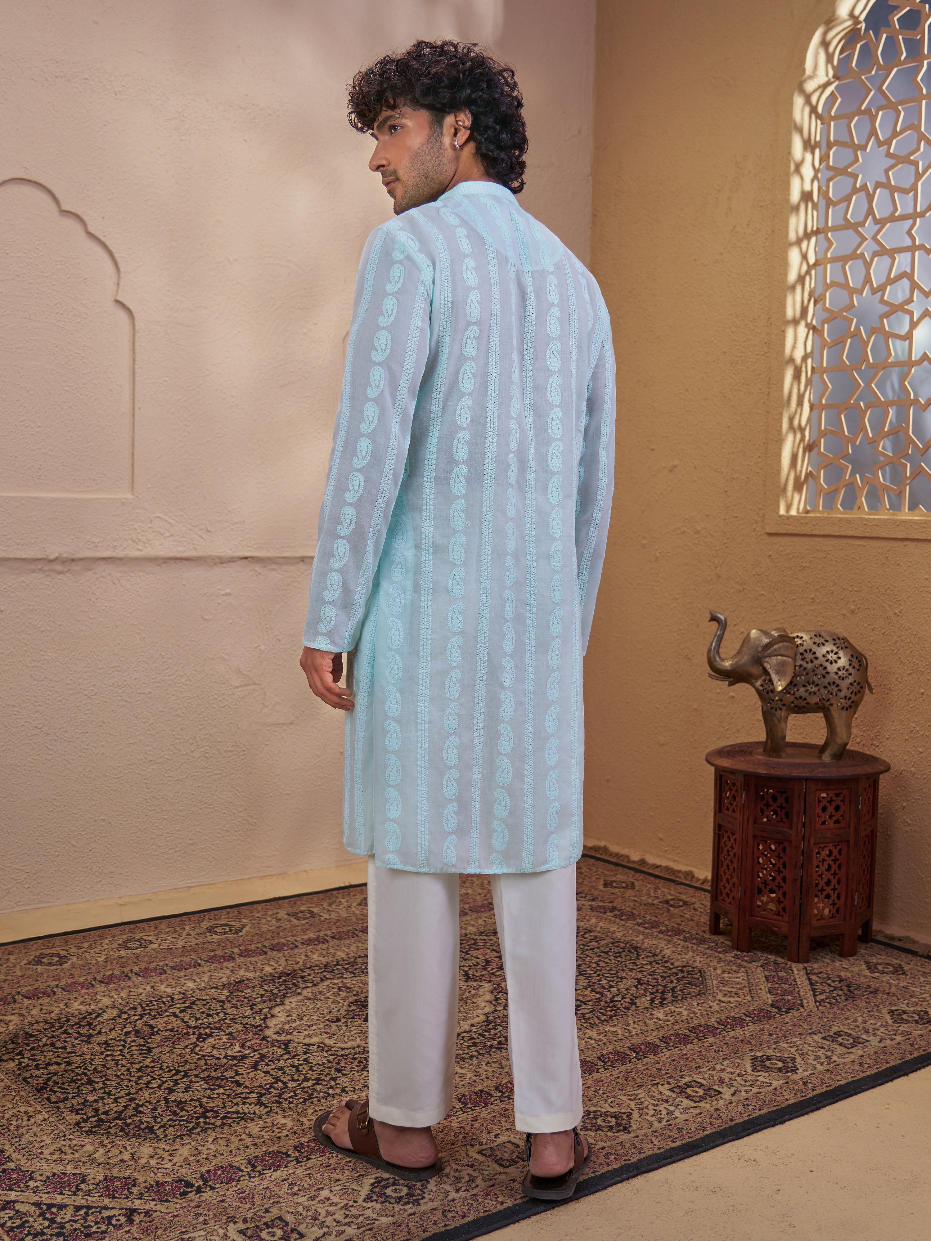 Men Aqua Chikankari Cotton Kurta with Cream Pyjama Set