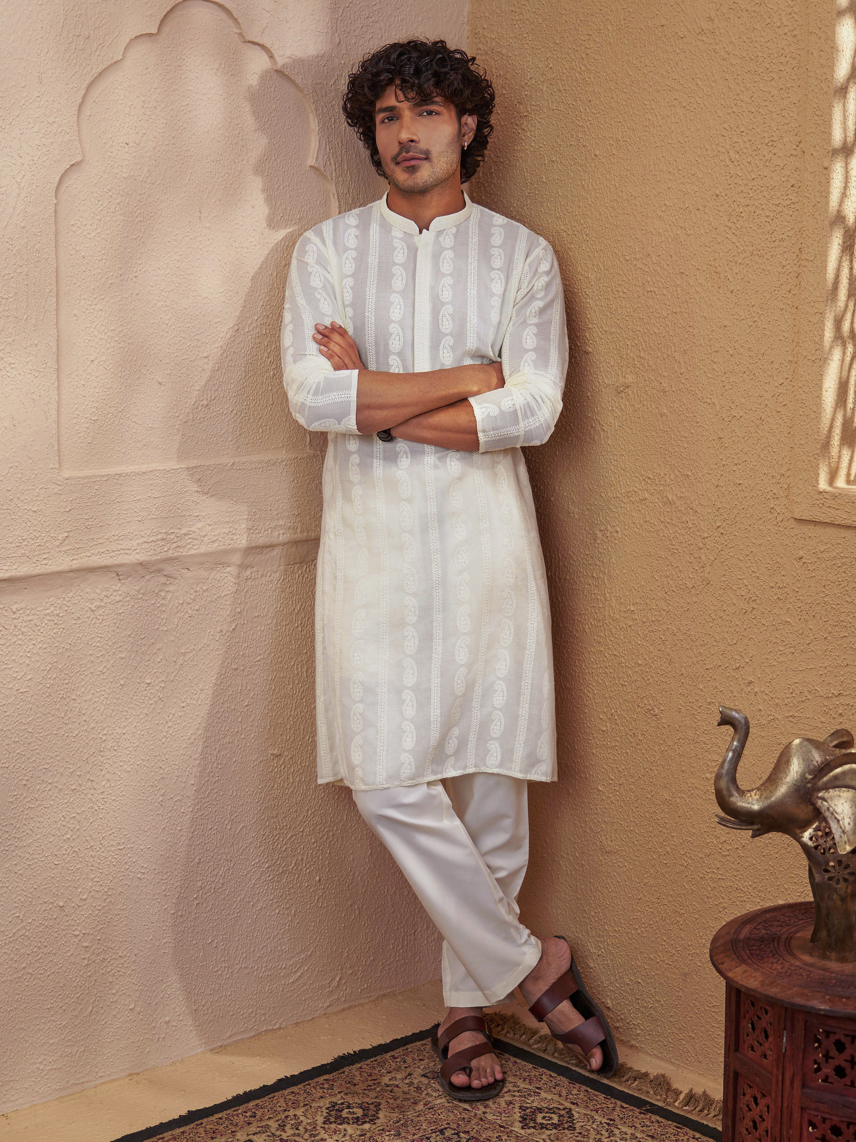 Men Cream Chikankari Cotton Kurta with Cream Pyjama Set