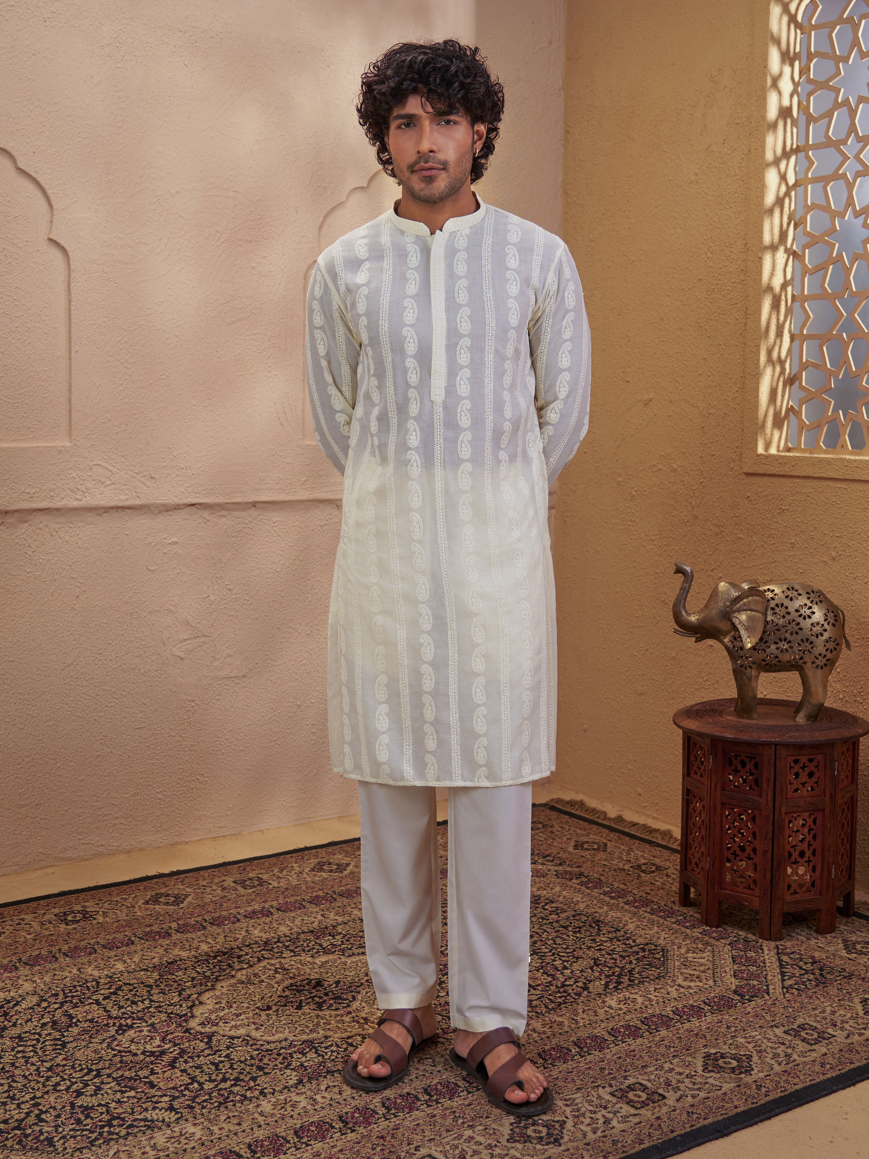 Men Cream Chikankari Cotton Kurta with Cream Pyjama Set