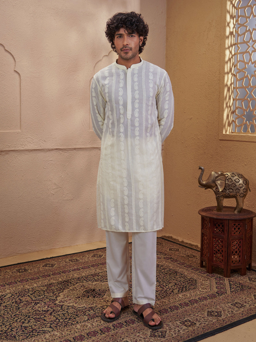 Men Cream Chikankari Cotton Kurta with Cream Pyjama Set