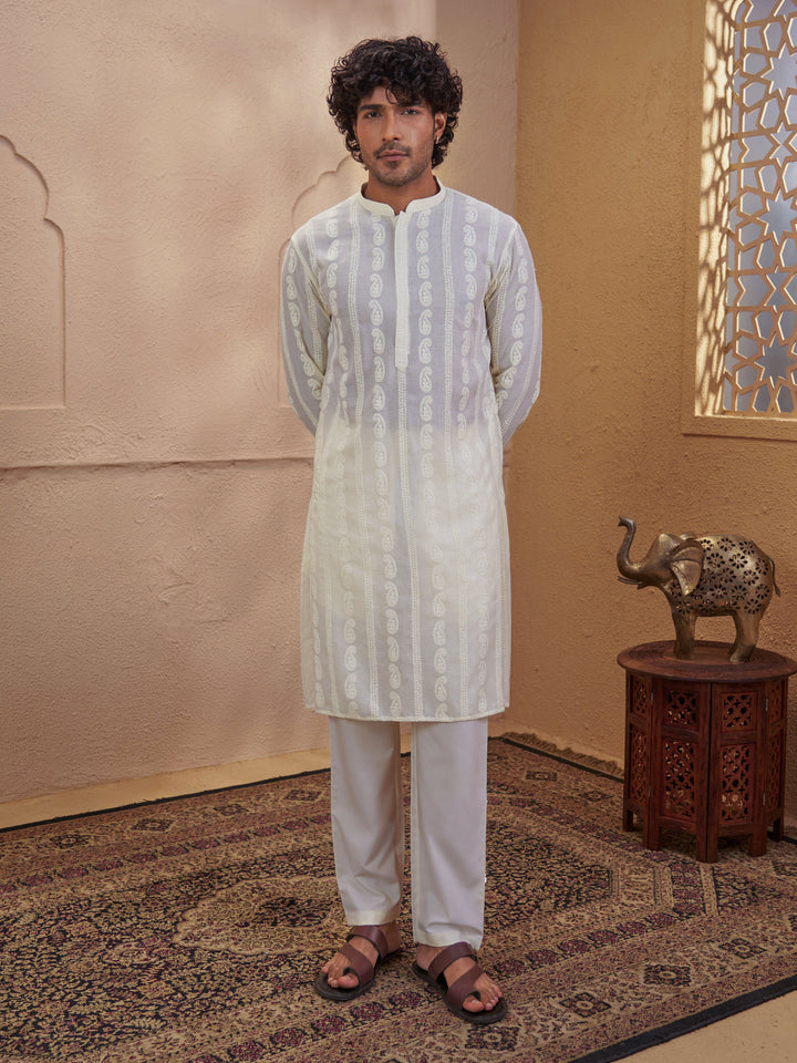 Men Cream Chikankari Cotton Kurta with Cream Pyjama Set