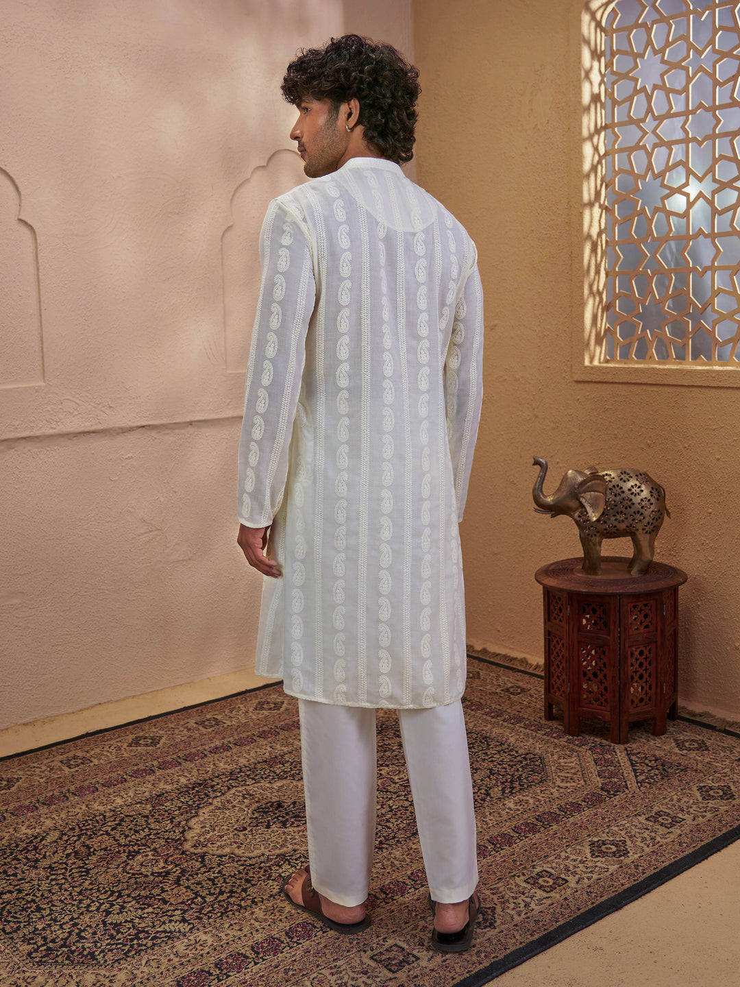 Men Cream Chikankari Cotton Kurta with Cream Pyjama Set