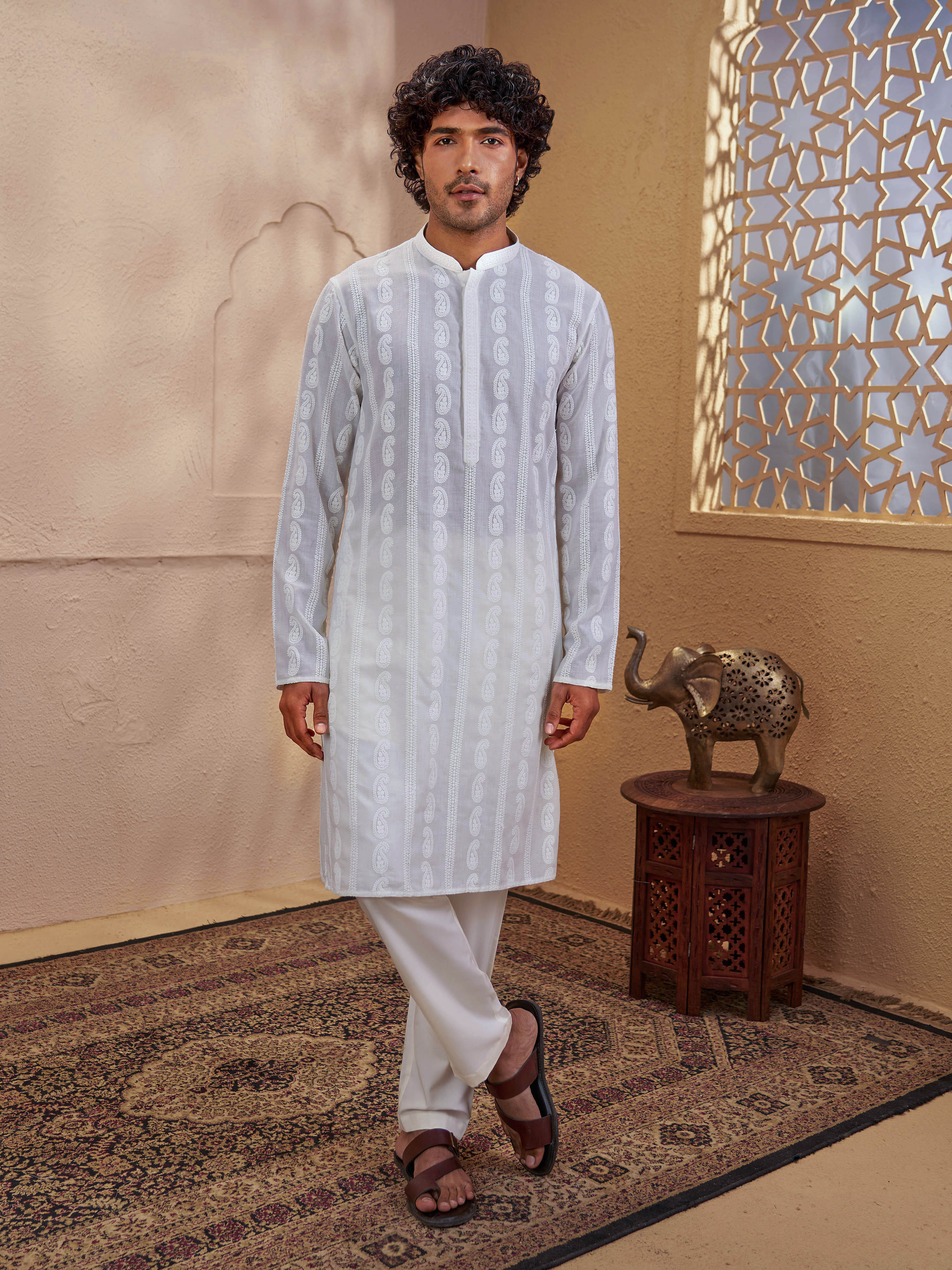 Men Off White Chikankari Cotton Kurta with Cream Pyjama Set