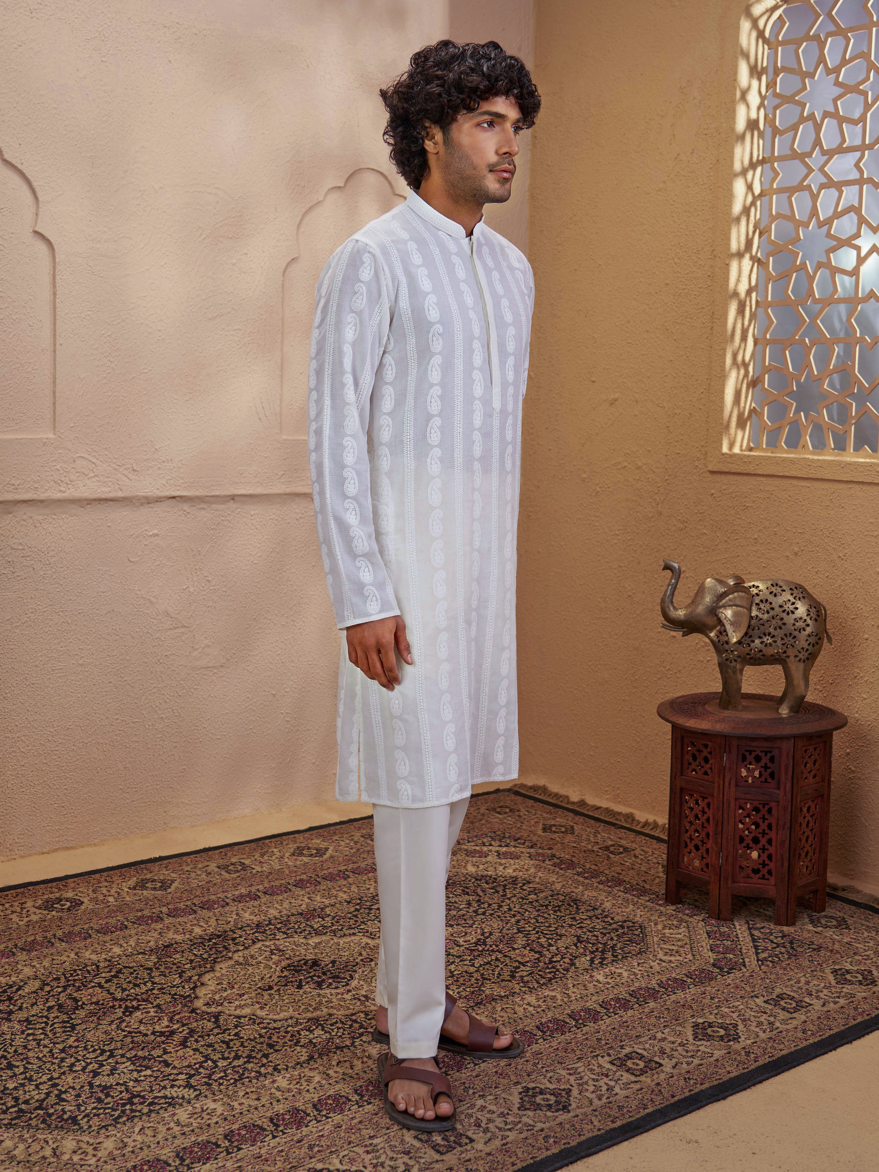 Men Off White Chikankari Cotton Kurta with Cream Pyjama Set