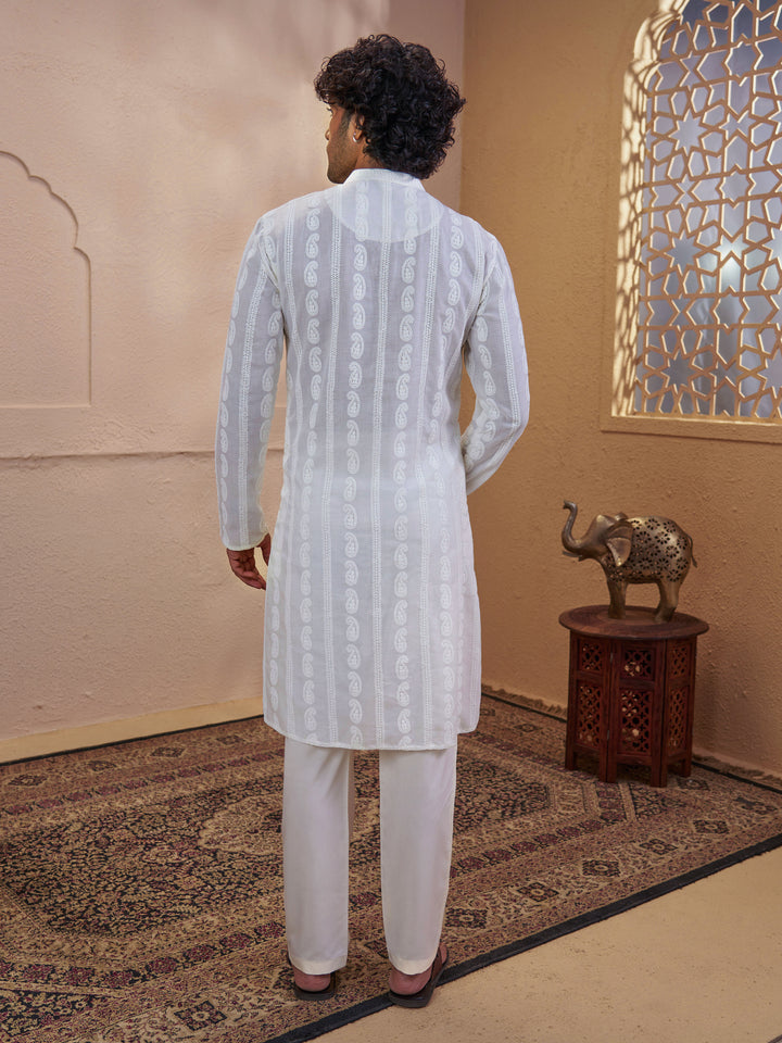Men Off White Chikankari Cotton Kurta with Cream Pyjama Set