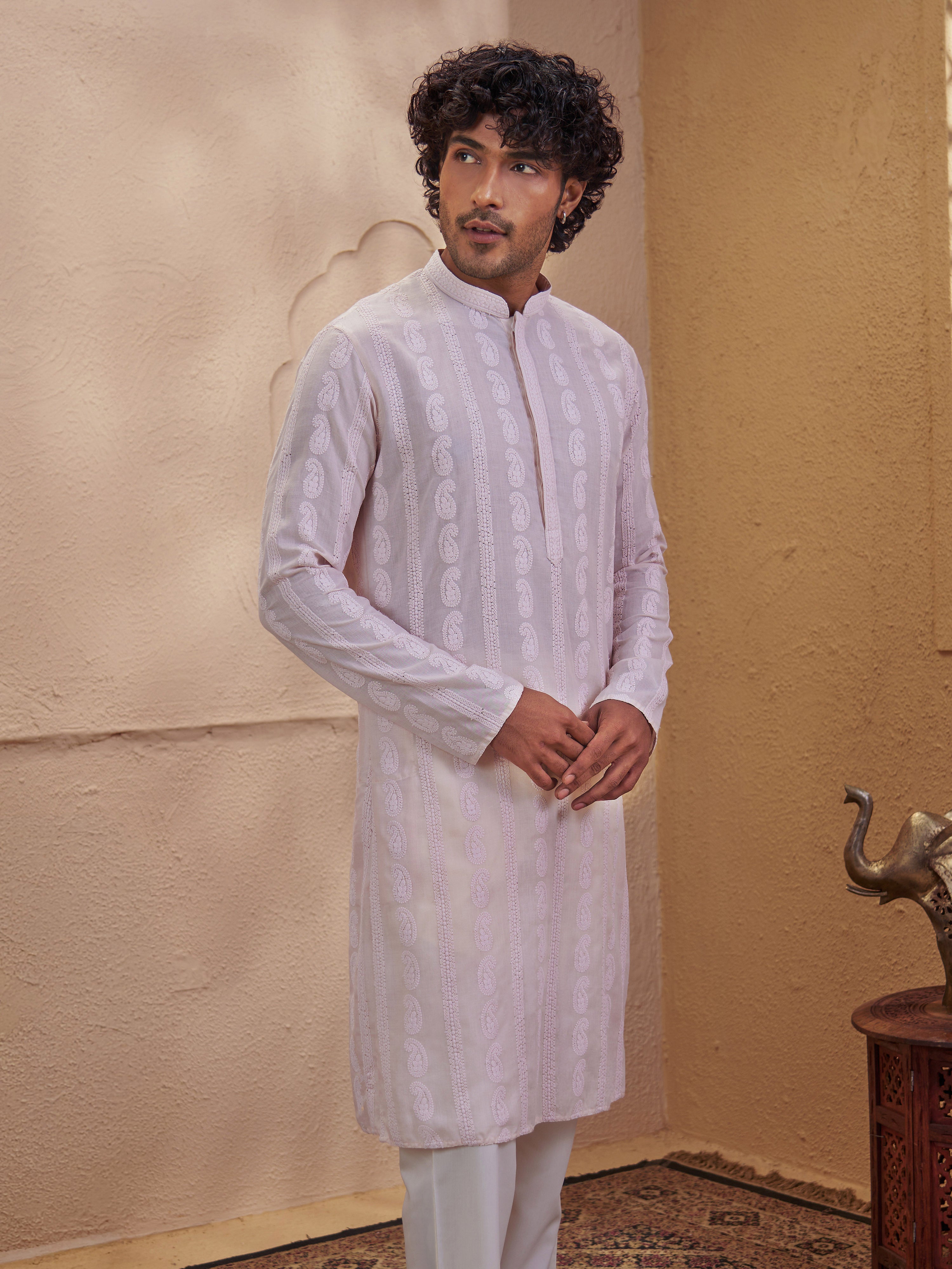 Vastramay Men Peach Cotton Chikankari Embroidered Kurta